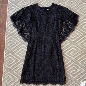 Dress the Population Navy Gold Metallic Lace Cape Cocktail Dress